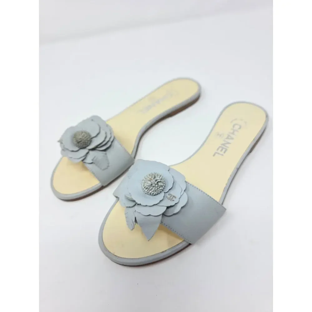 Chanel Camellia Flower CC Logo Sandals Blue Gray Day Leather Slides 36 US 5.5